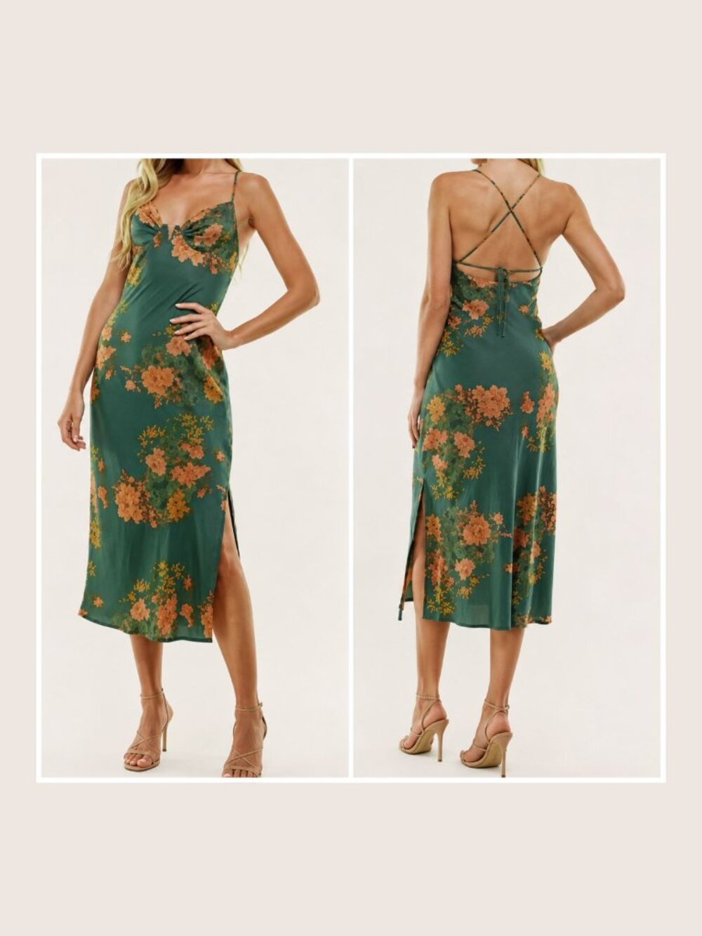 🌿 ACOA Green Floral Satin Bustier Midi Dress Open Tie Back NWT Medium 🌿